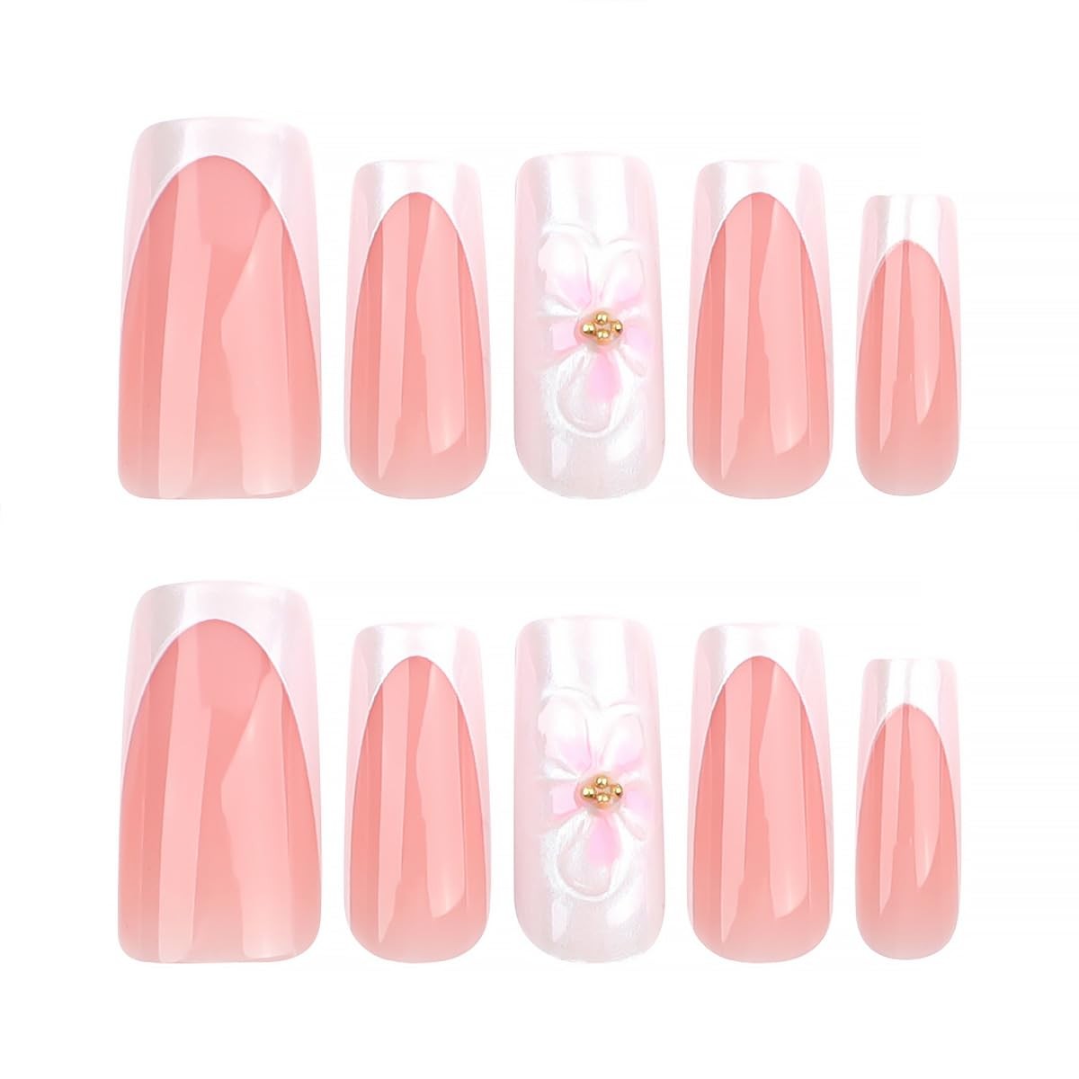 24Pcs 3D Flower Press on Nails Medium Square Fake Nails with White French Tip…