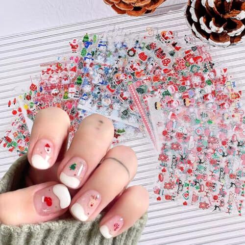 Glitter Christmas Nail Art Stickers for Set 3D Self- Adhesive Christmas Cartoon