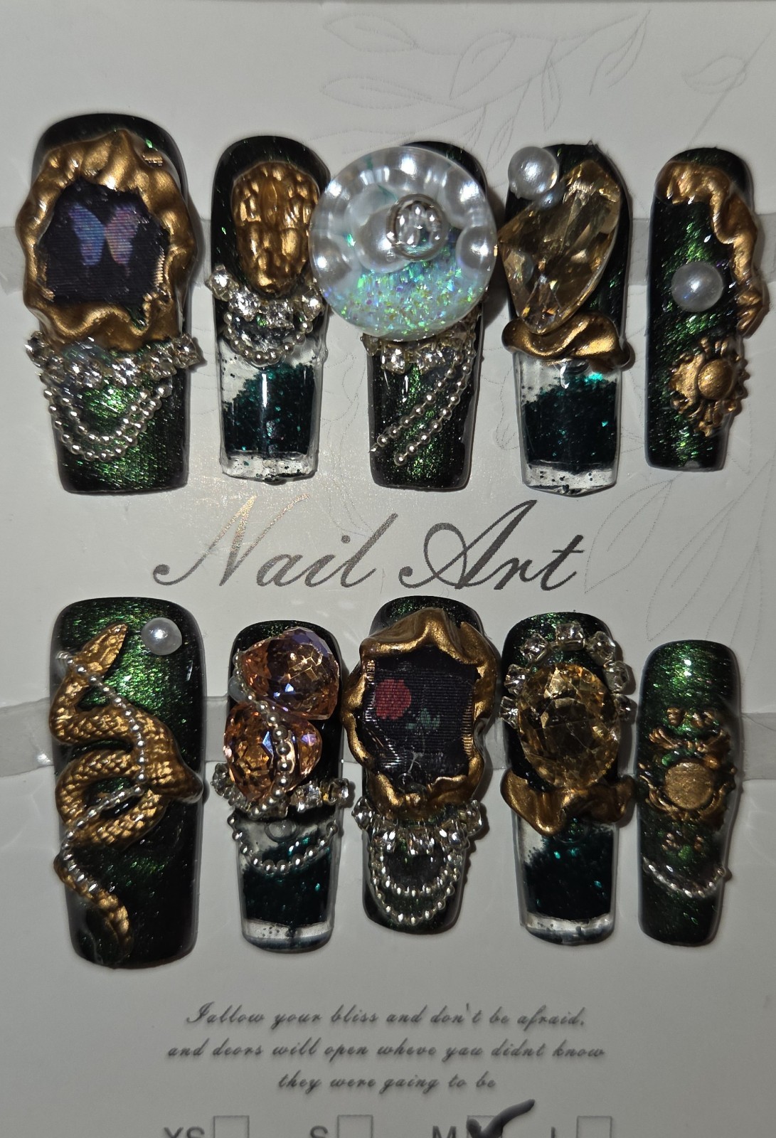 Acrylic Green Cateye and Gold Water Nails. Waterglobe and holograms-M