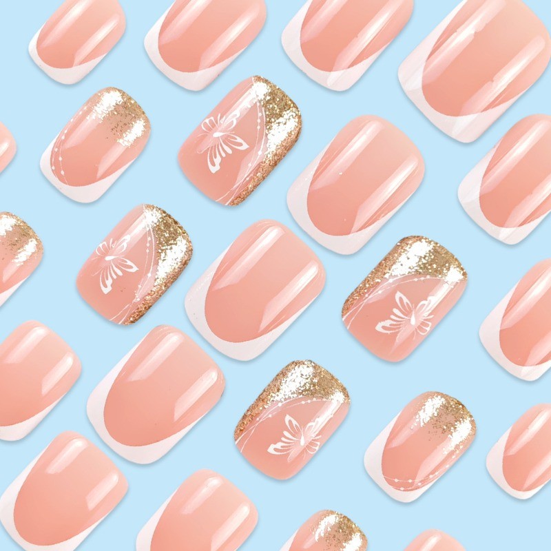 48pcs-Nude Pink Short Square Nails with French Tips, Butterfly &Gold Glitter Art