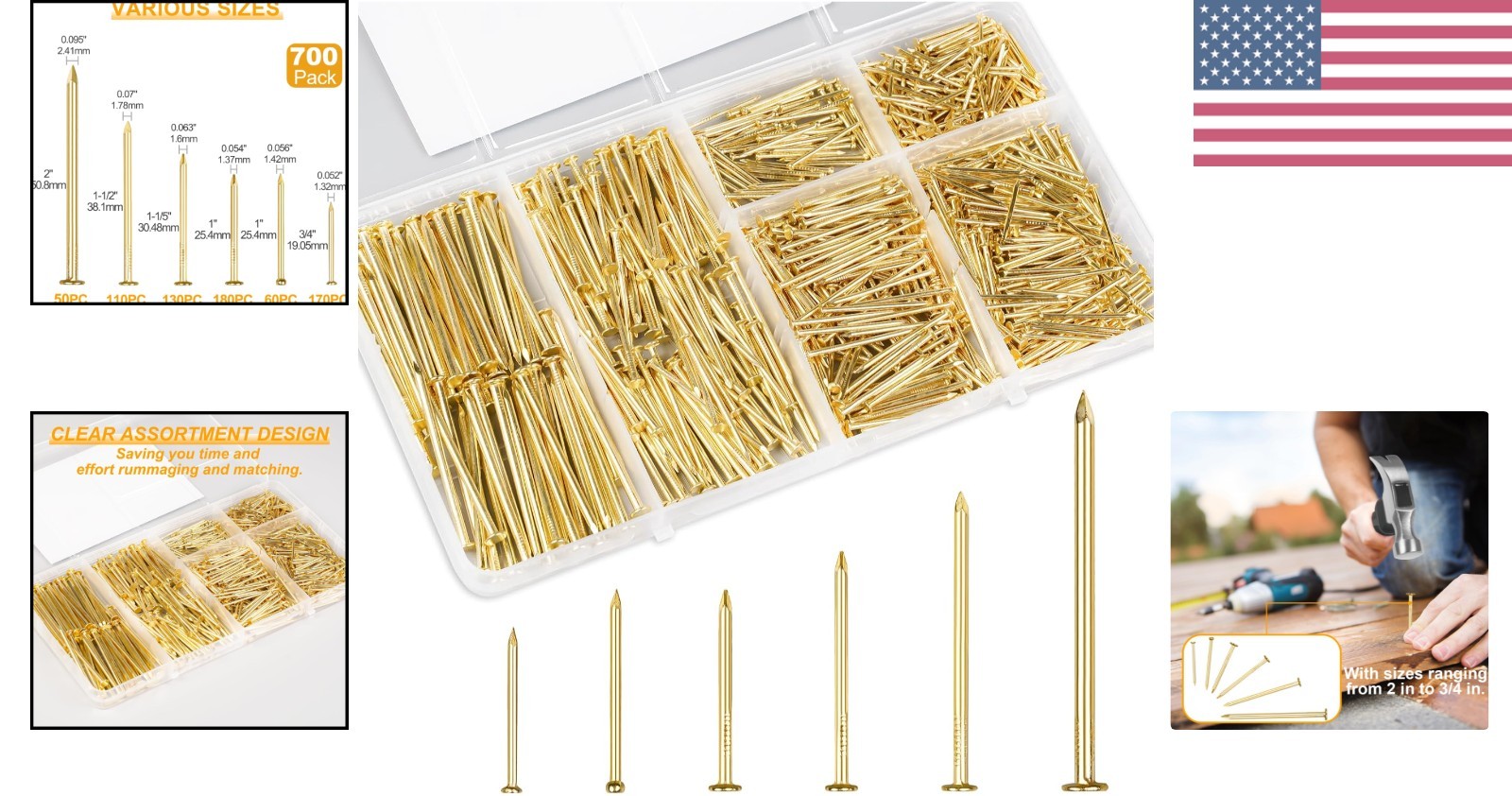 Transparent Storage Kit of 700 Gold Picture Nails – 6 Sizes for Easy Use