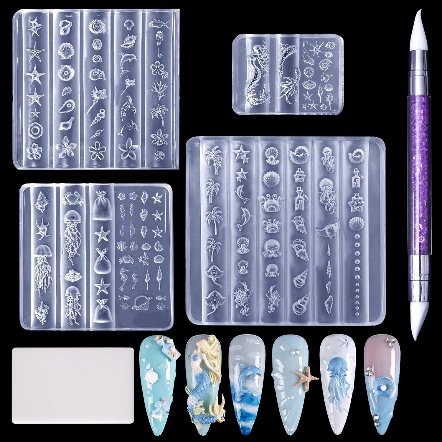 4Pcs Ocean Silicone Nail Art Molds, 3D Mermaid, Starfish, Seashell, Jellyfish Na