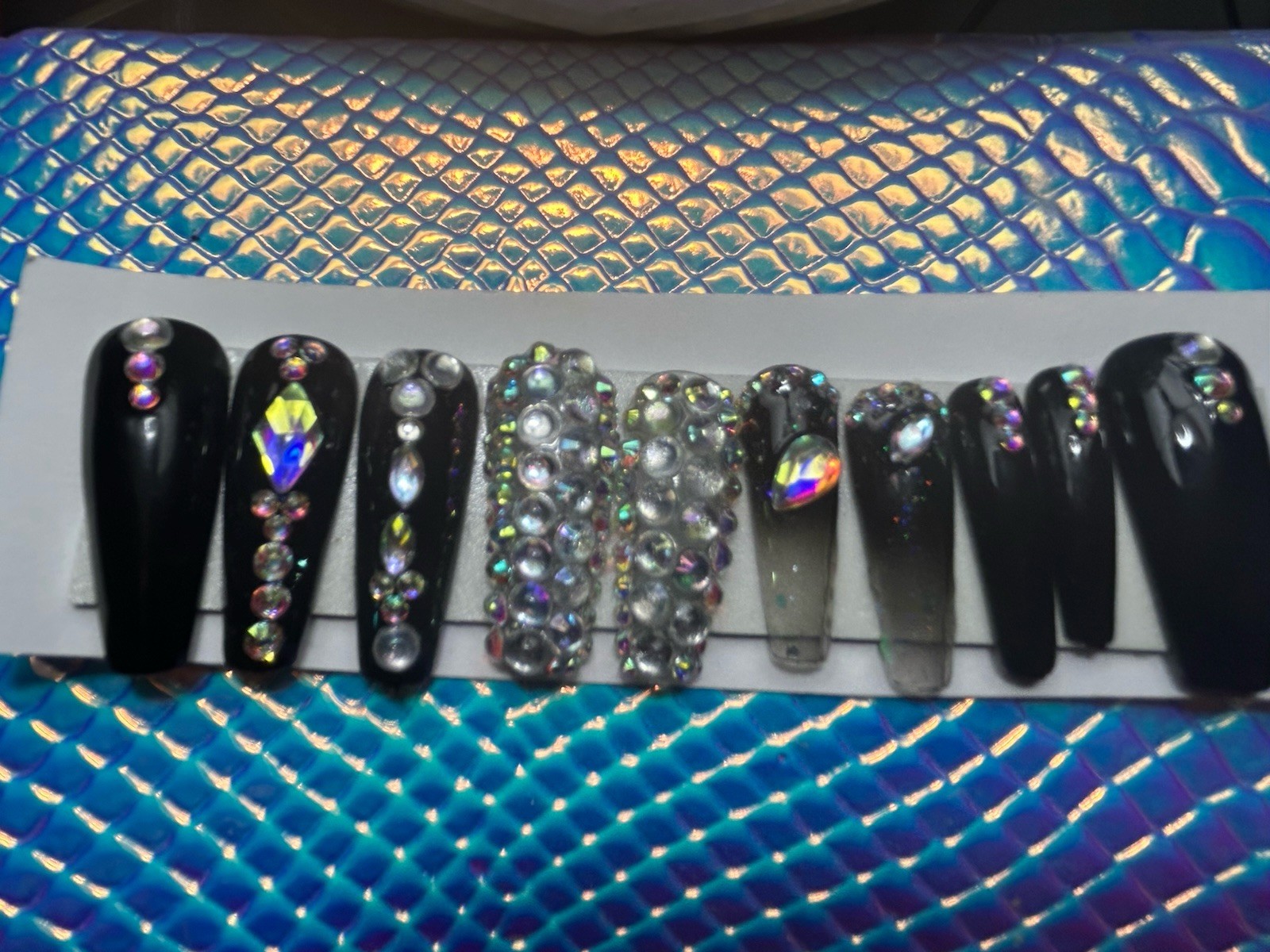 Halloween 🎃Black Handmade Black With Diamonds Press On Nails Long Coffin ✨🖤