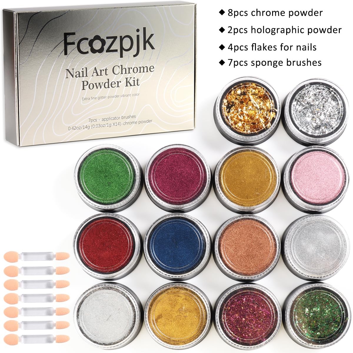 Chrome Nail Powder Set 14 Colors Pink Blue Silver Metallic Effect Mirror Powd…