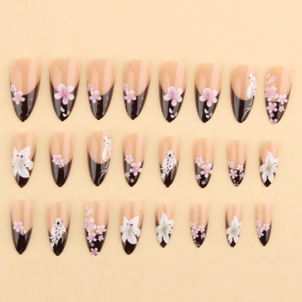 24Pcs Dark French Tip Press on Nails Medium-Length Almond Fake Nails with Lil…