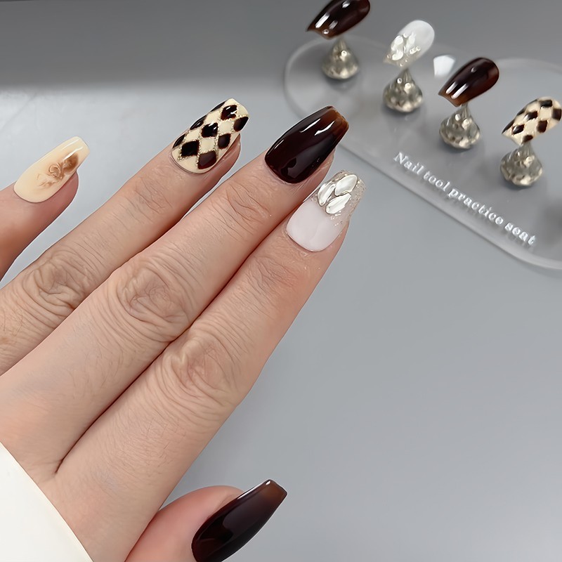 Brown Red Medium Press-on Nails Crystal Diamond Nails Nail Tips Stick on Nails
