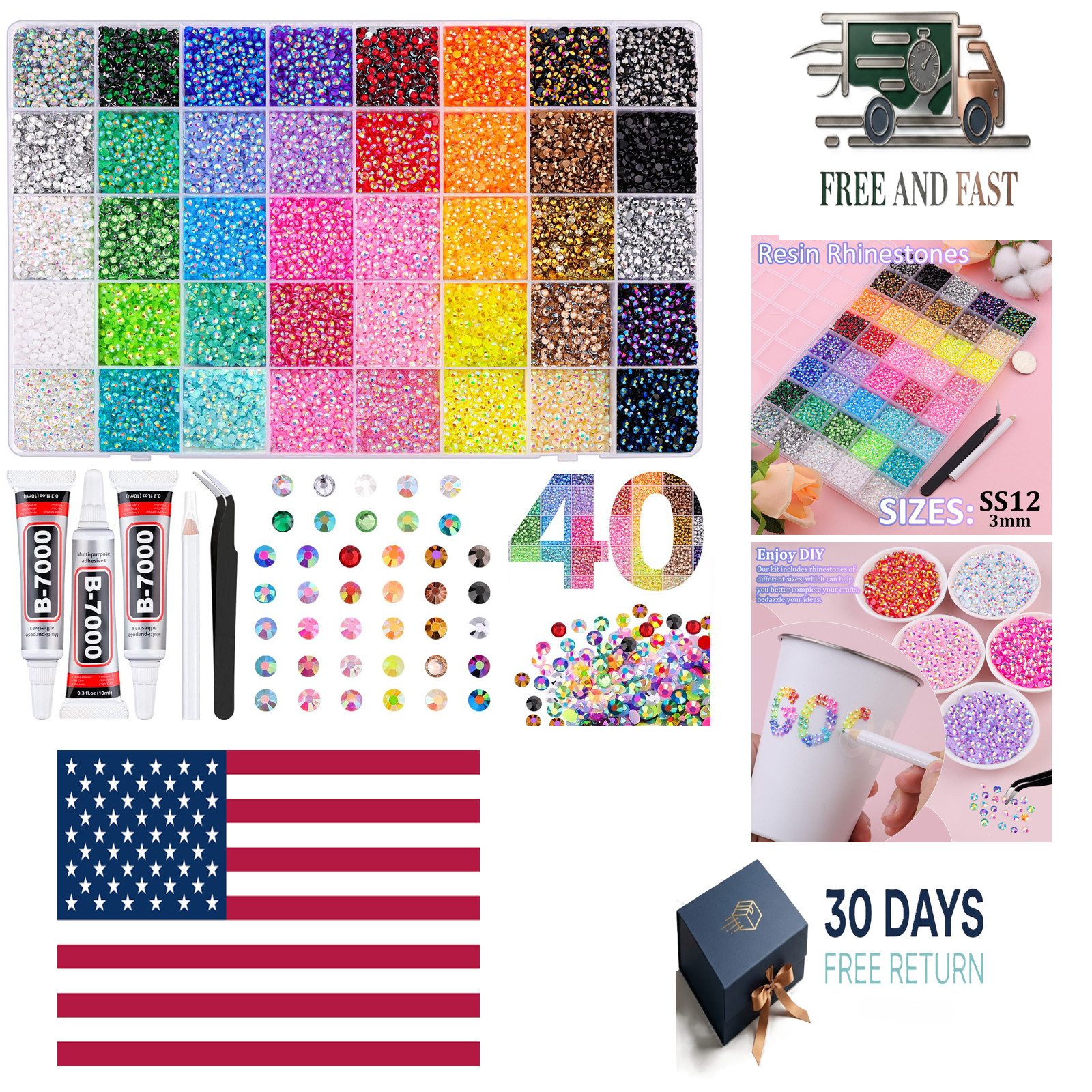 50000Pcs 3mm Jelly Rhinestones Bedazzling Kit | 40 Colors Flatback Bedazzler