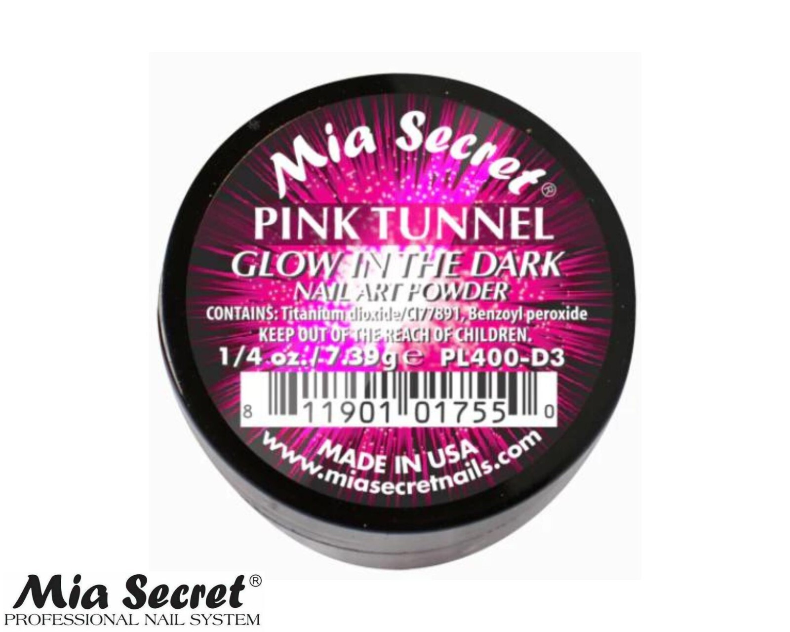 MIA SECRET Nail Art Powder 1/4oz-Pink Tunnel (GLOW IN THE DARK COLLECTION)