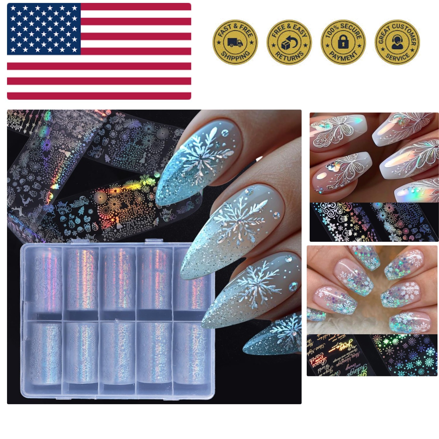 Christmas Nail Art Foils Transfer Stickers 10Rolls Laser Snowflake Nail Foils…