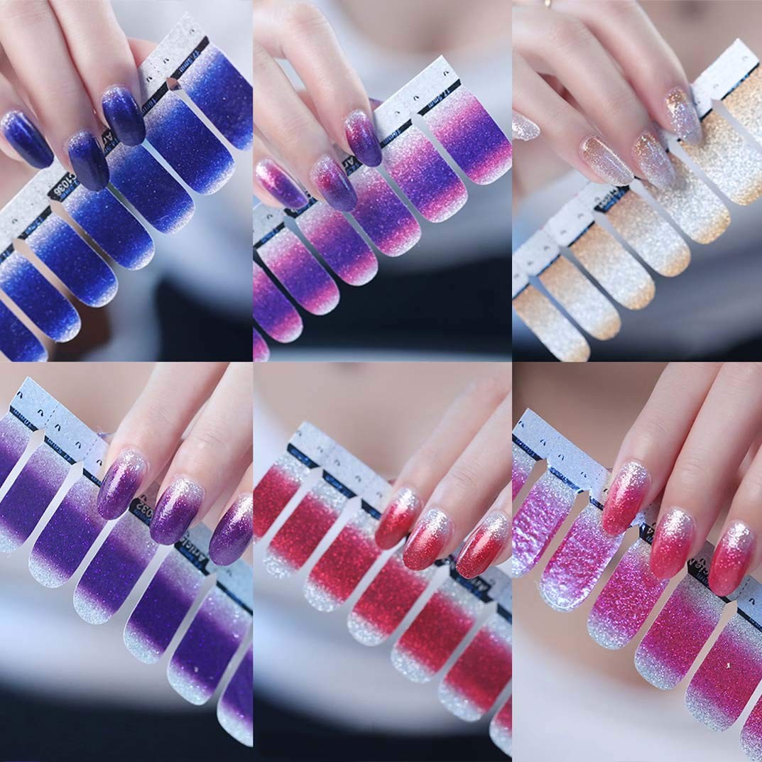 14 Sheets Nail Stickers Glitter Gradient Color Shine Full Wraps Polish Sticke…