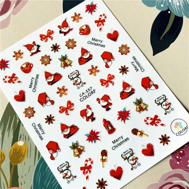Nail art 3D stickers decal red flower santa heart bells merry christmas CA337