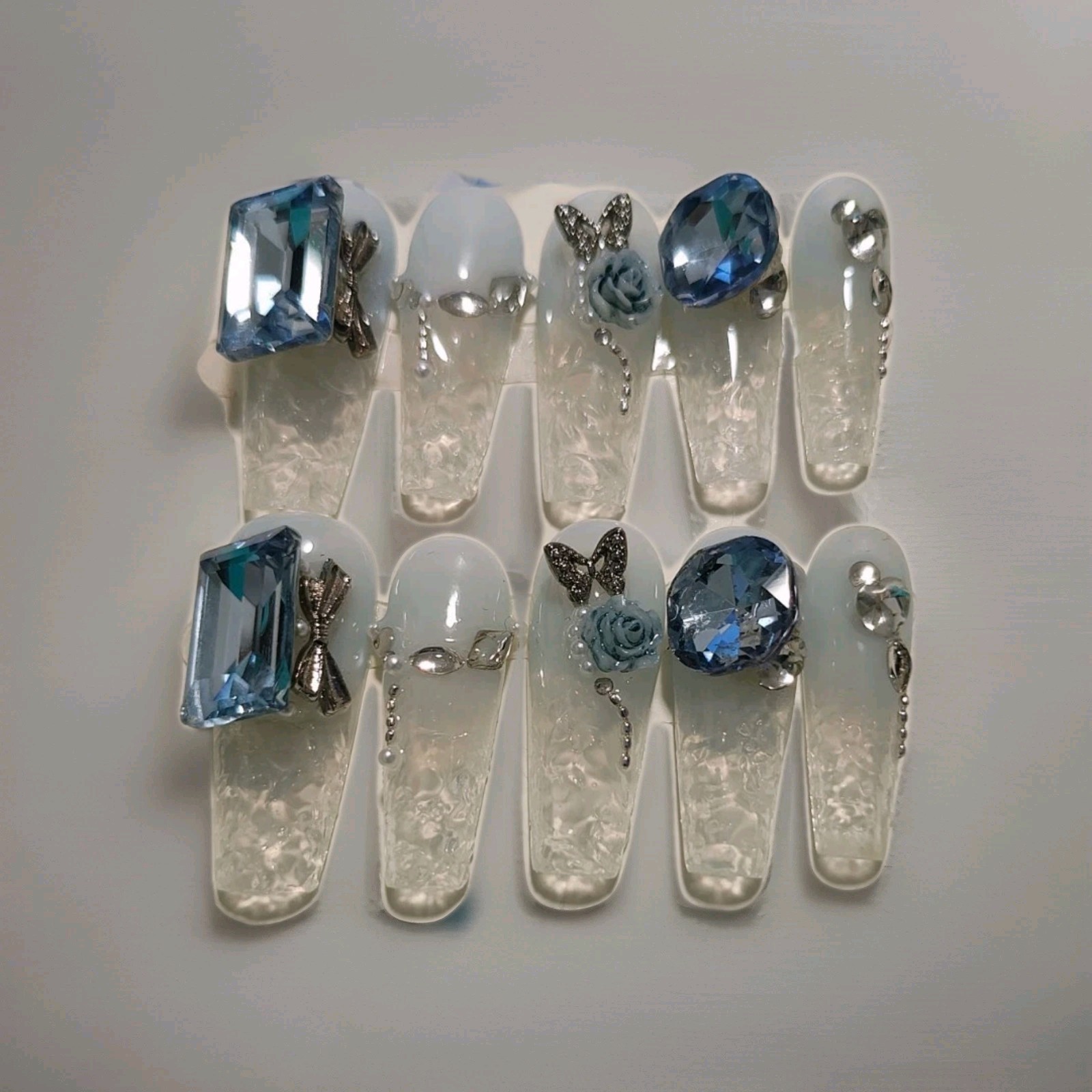 Long 3D Coffin Full Cover Artificial Nails Blue Silver Butterfly Rose Bow