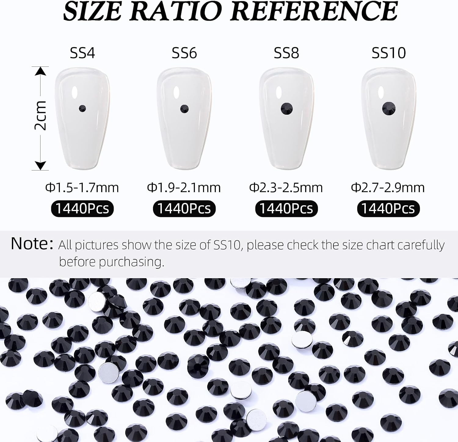 Black Flatback Rhinestones, Glass Rhinestones for Nail Art and Craft, Glue Fix,