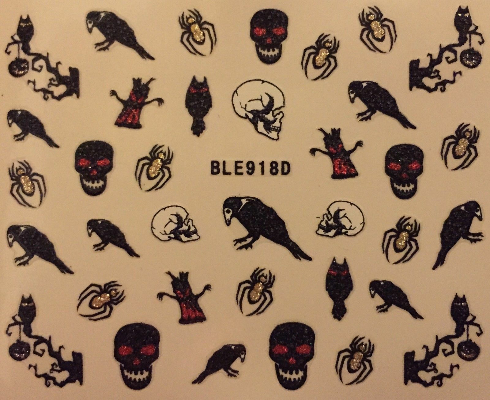 Nail Art 3D Glitter Decal Stickers Halloween Skull Crow Spider Owl BLE918D