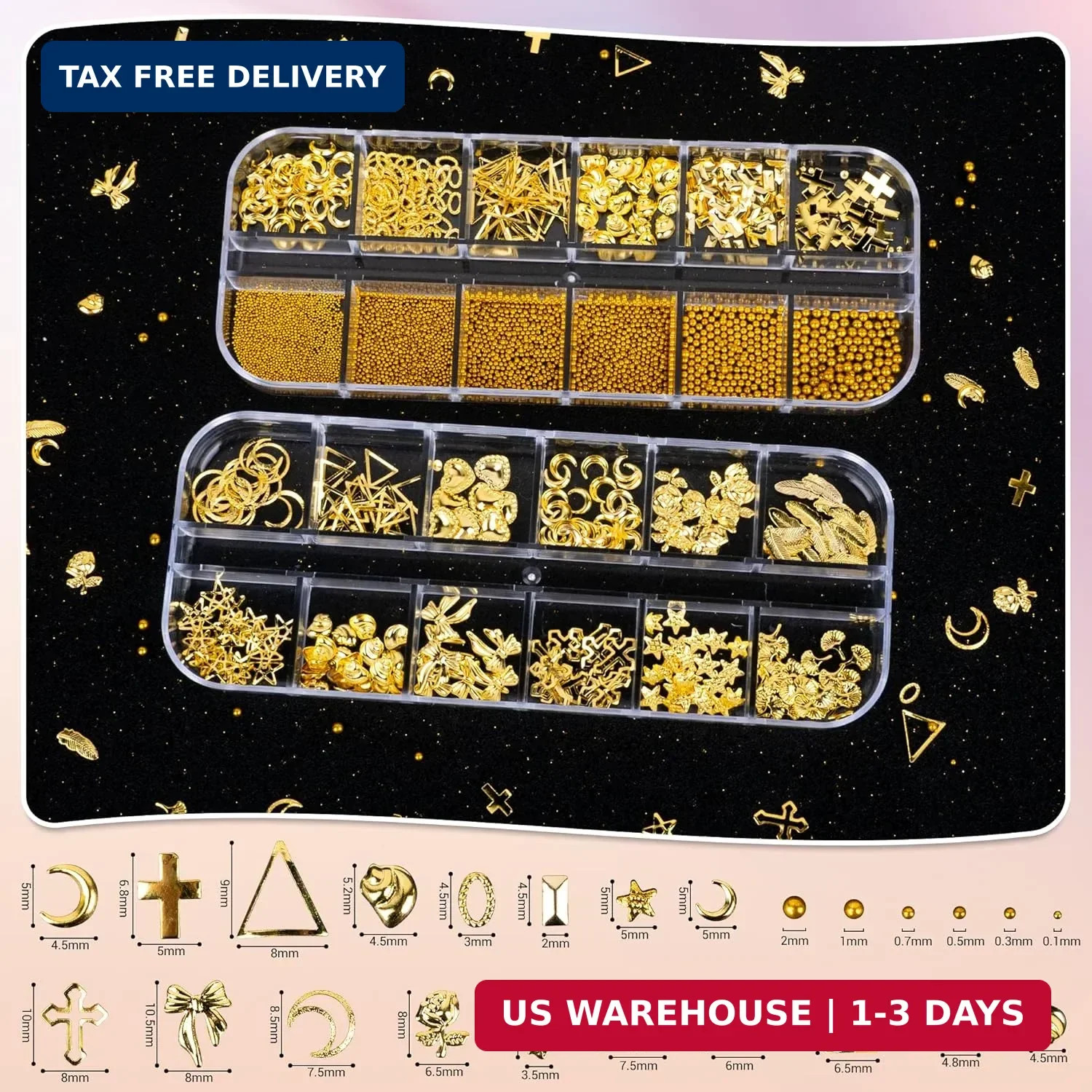 Gold Nail Charms and Nail Gems with 4 Boxes of Rhinestones 3D Metal for Nail Art