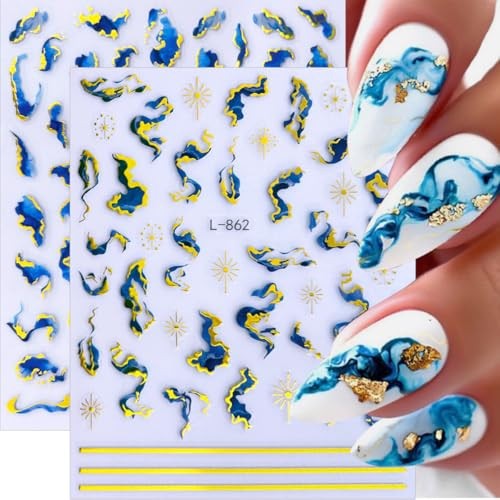 6Pcs Marble Nail Art Stickers 3D Geometric Wave Line Nail Summer Stickers-14