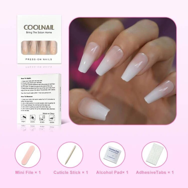 Reusable False Nails Ombre Pink White Gradient Coffin Shape for Easy Application