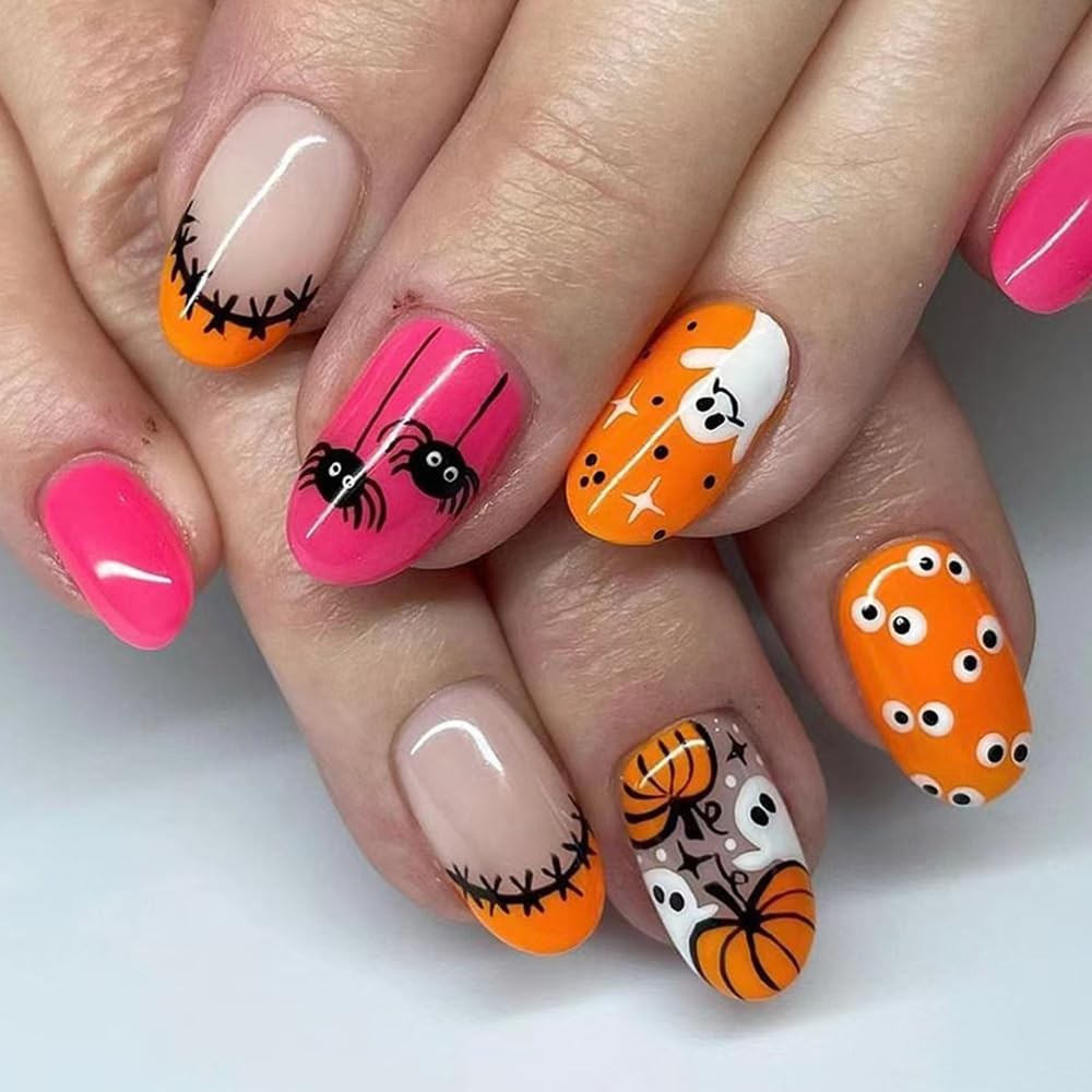 24Pcs Halloween Press on Nails French Tip Fake Nails Short Oval False Nail wi…