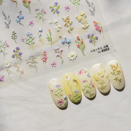1Pcs Embossed Flower Nail Stickers Small Daisy Nail Decals 5D Embossed W9