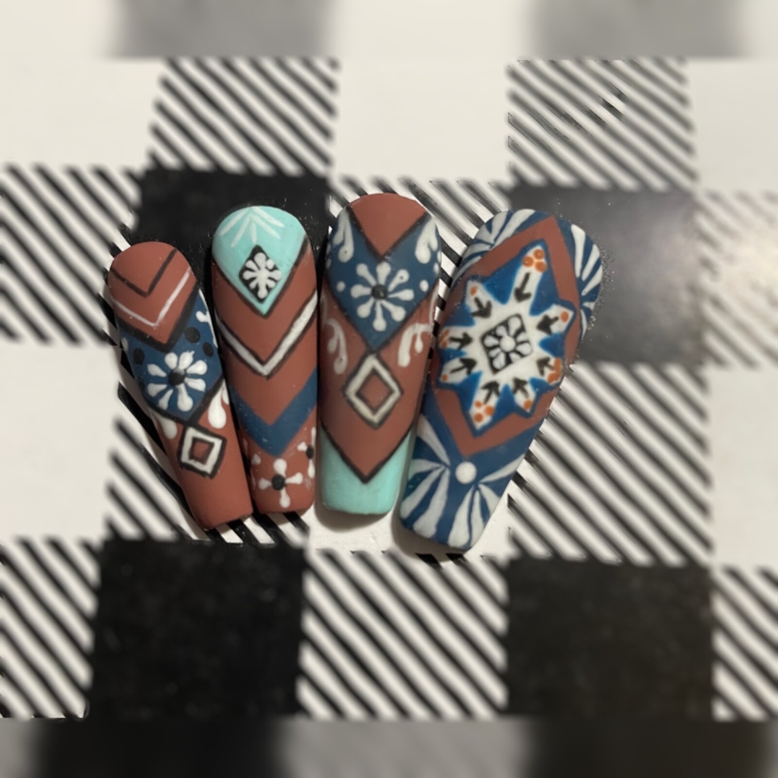 Custom press on nails long 24 matte abstract tribal native brown teal blue white