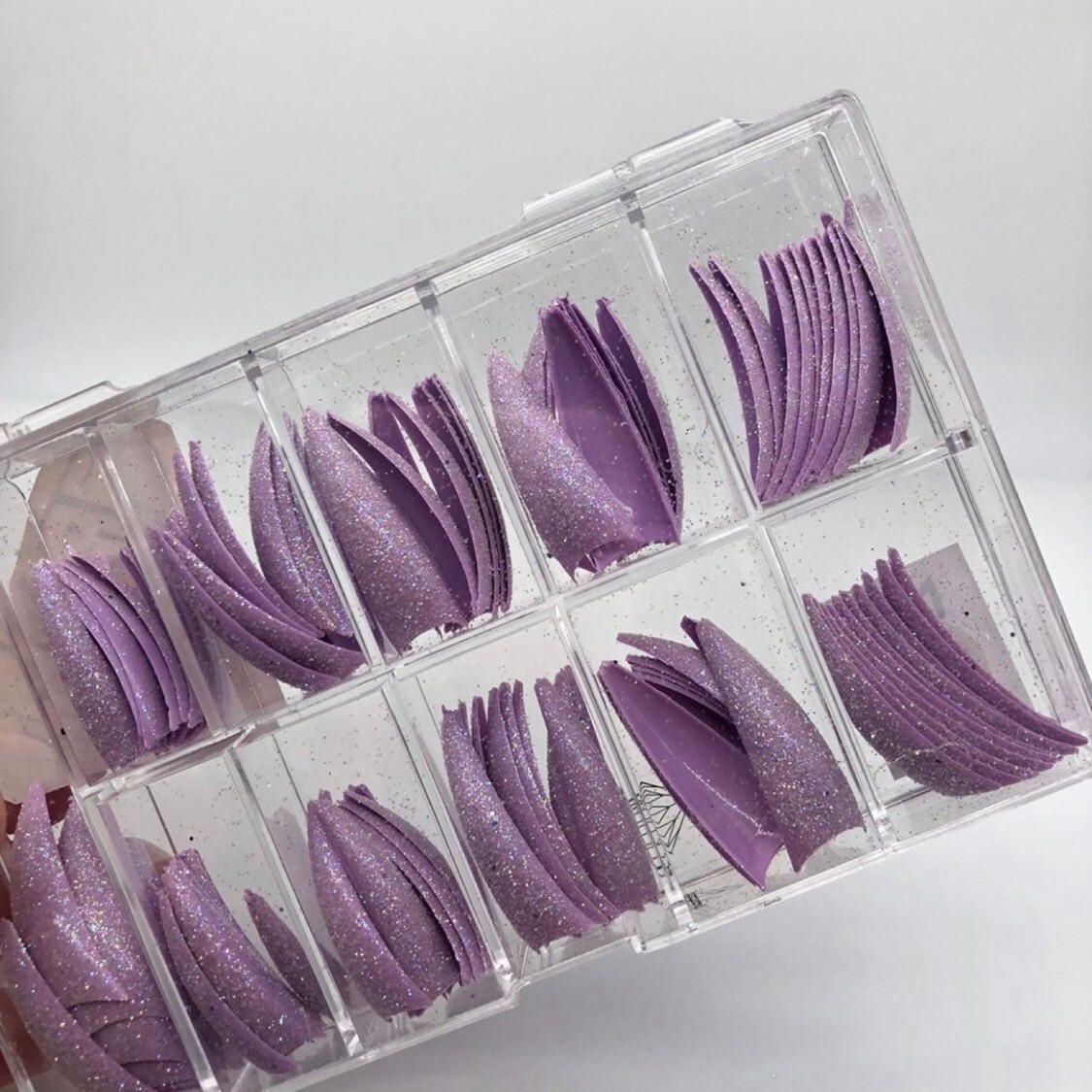 Brand New Tip Jar Fake Nail Tips – Purple Stiletto with Glitter (#228)