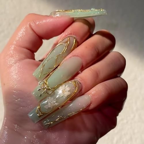 Press on Nails Long Square Fake Nails Green Glue on 3D Texture Gold BNB215