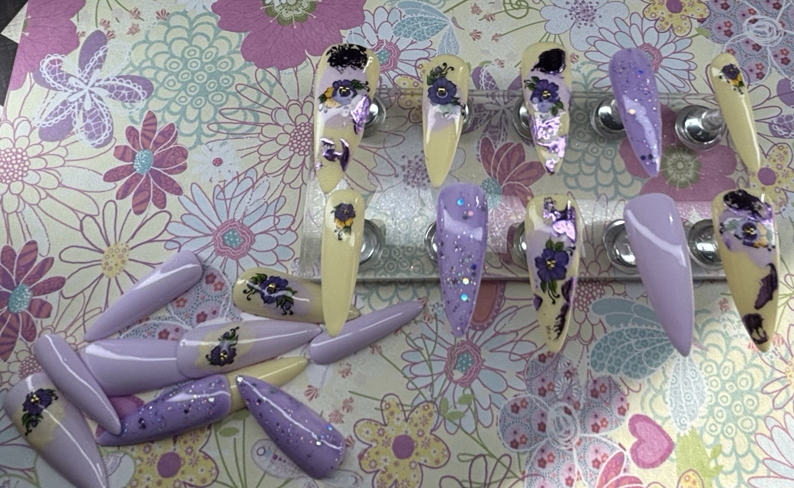 20 piece set handmade press on nails. Yellow purple floral med/short Stiletto
