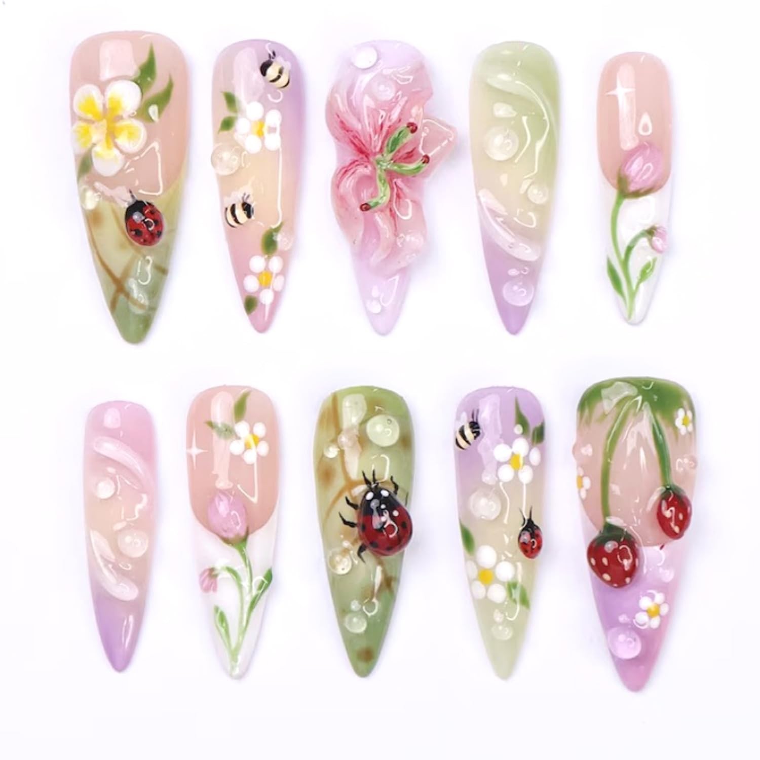 24Pcs Summer Flower Press on Nails Medium Kit Colorful – 3D Ladybug, Strawber…