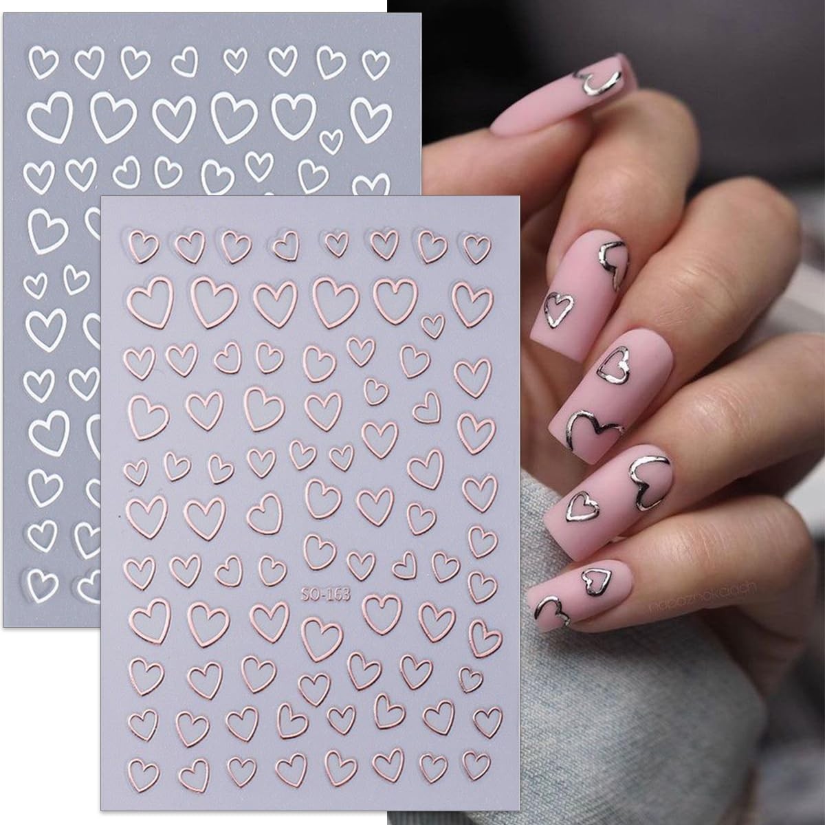 6 Sheets Valentines Nail Stickers 3D Heart Nail Art Stickers Decals Black Whi…