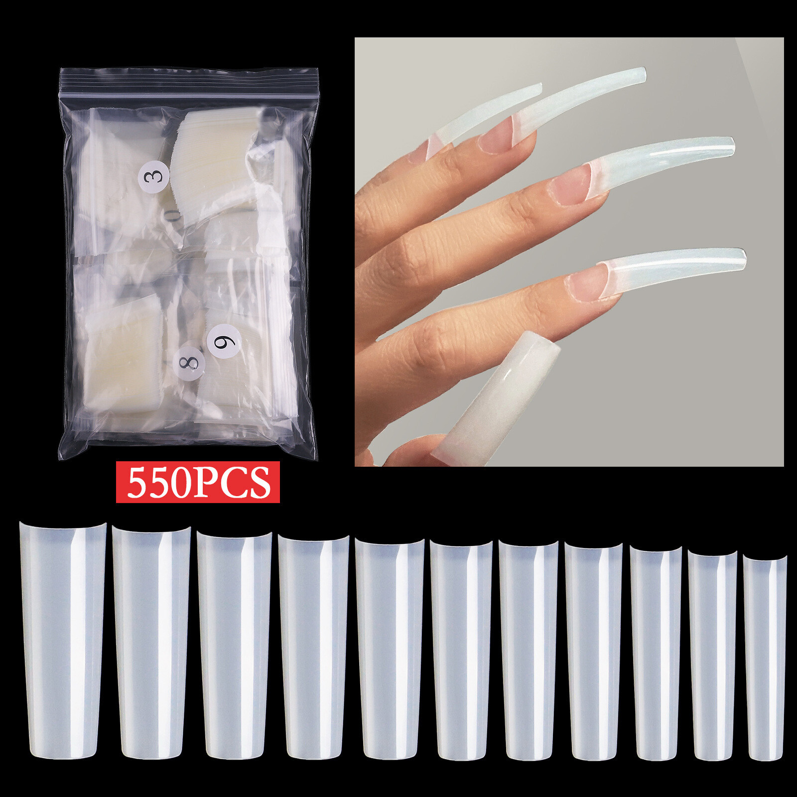 550pcs/Bag Extra Long C Curve Straight Square French False Nail Tips 11 Sizes