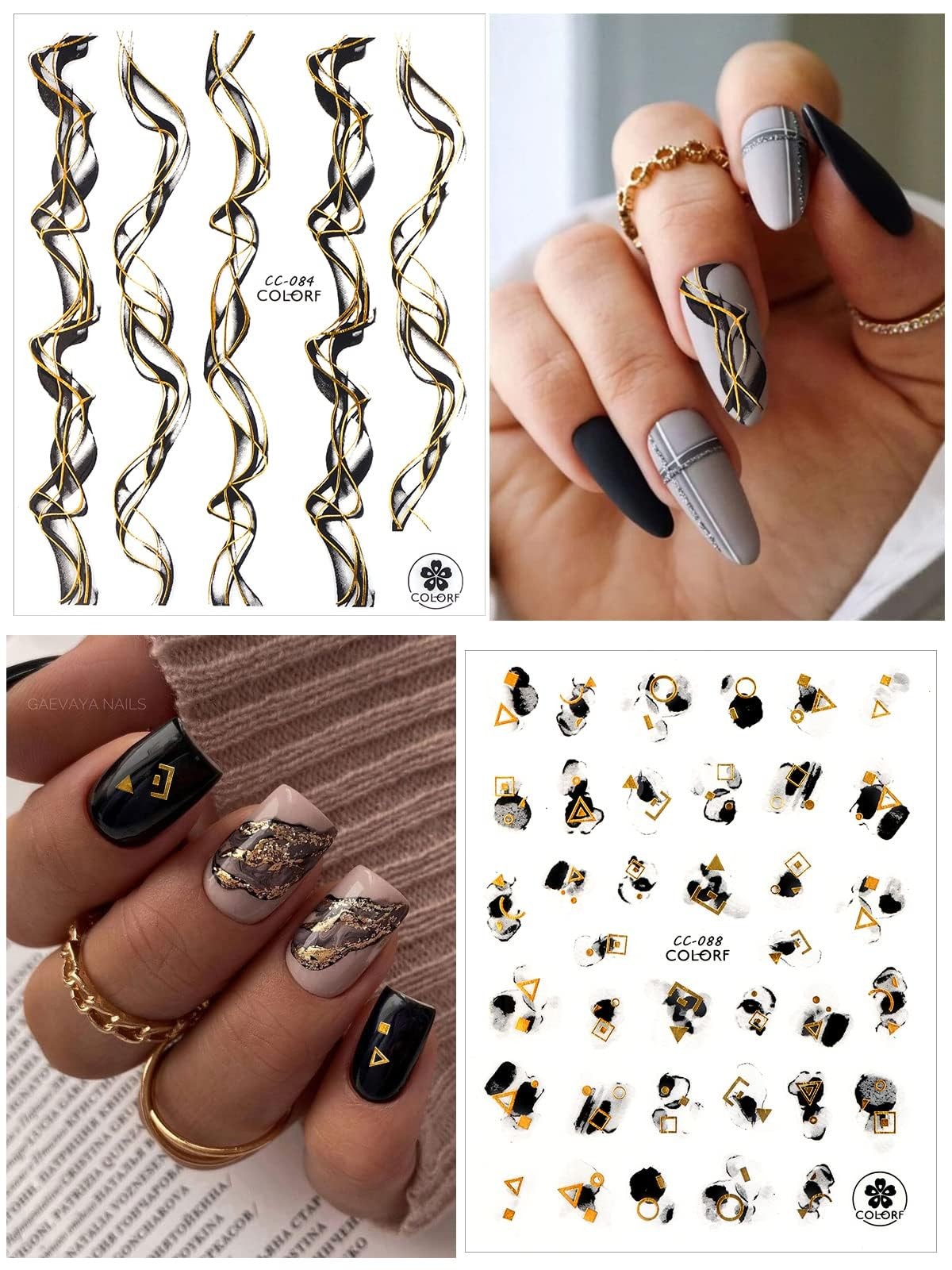 Graffiti Arte De Uñas Unas Pegatinas 3D Blanco Negro Oro Raya Linea Uñas Unas