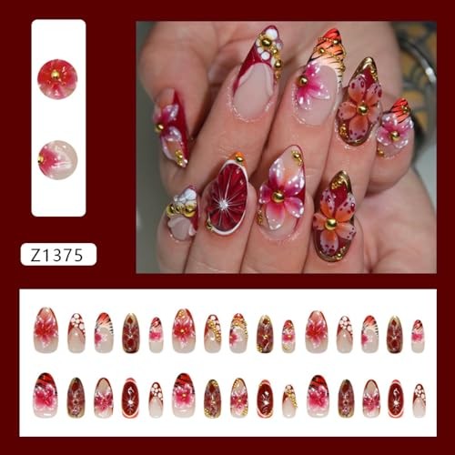 Almond Press on Nails – Medium 3D French Fake Nails – Gold Curve Line