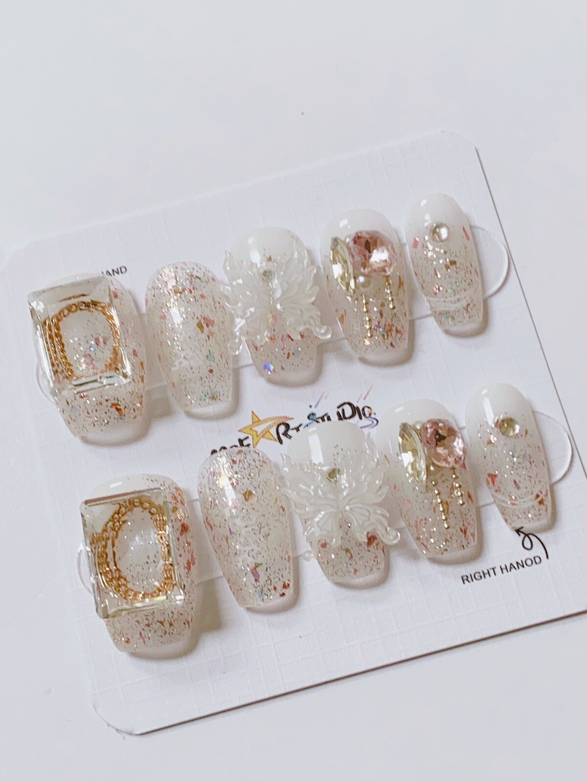Nails Handmade press on nails 3D Butterfly Chain Square size M