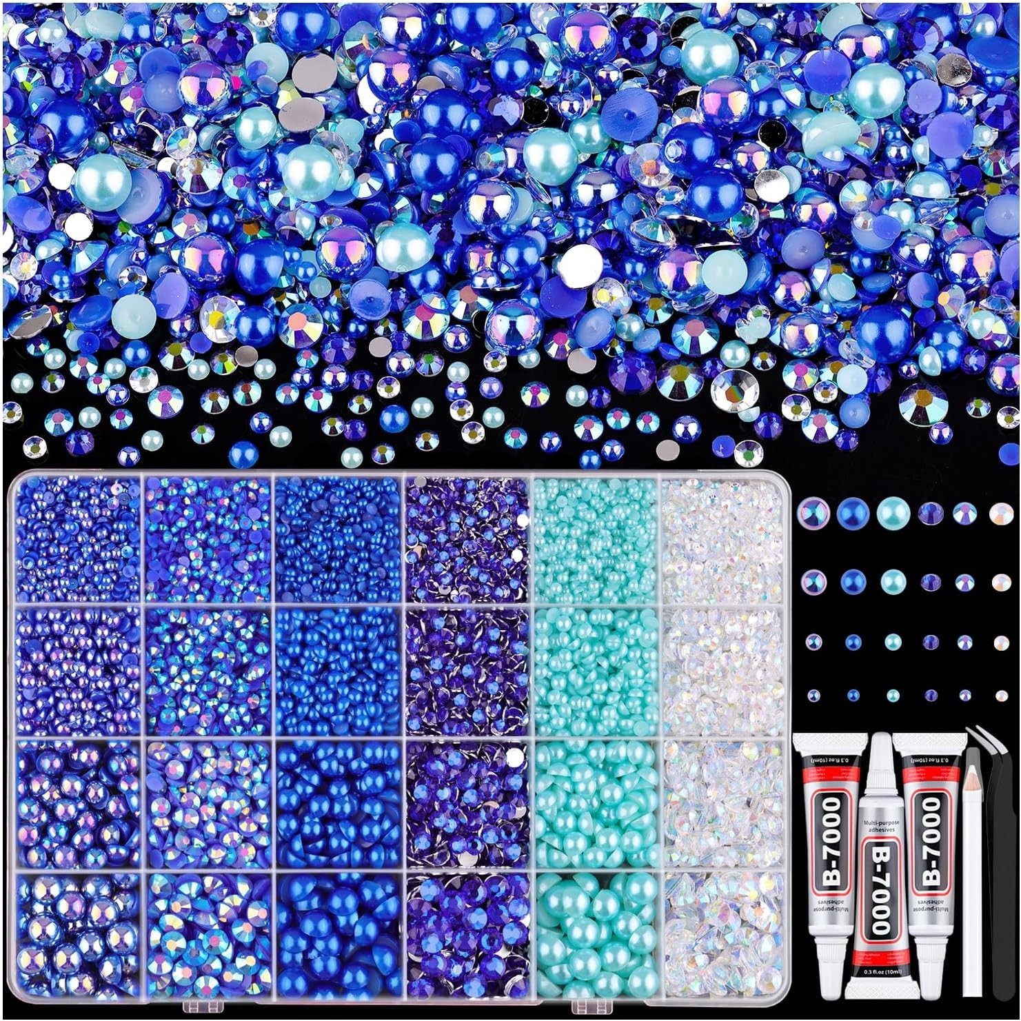 14000PCS Flatback Pearls and Blue Rhinestones for Bedazzling Kit, Dark Blue 3…