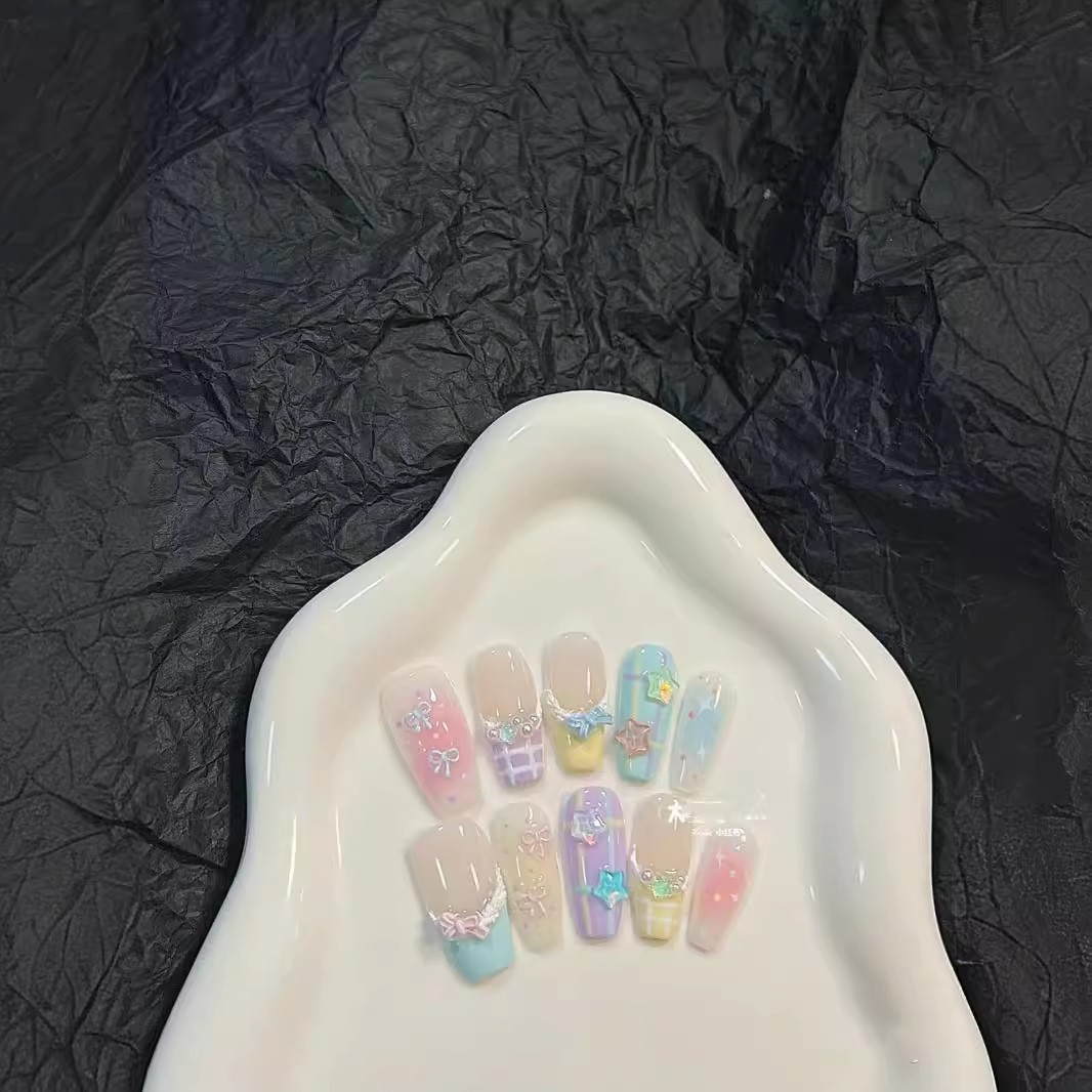 Handmade Press-on Nails Removable stars pastel multicolour bows