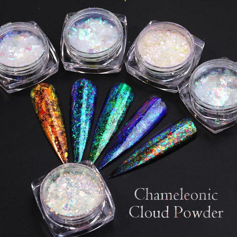 Aurora Chameleon Nail Flakes Transparent White Rainbow Unicorn Mirror Powder UK