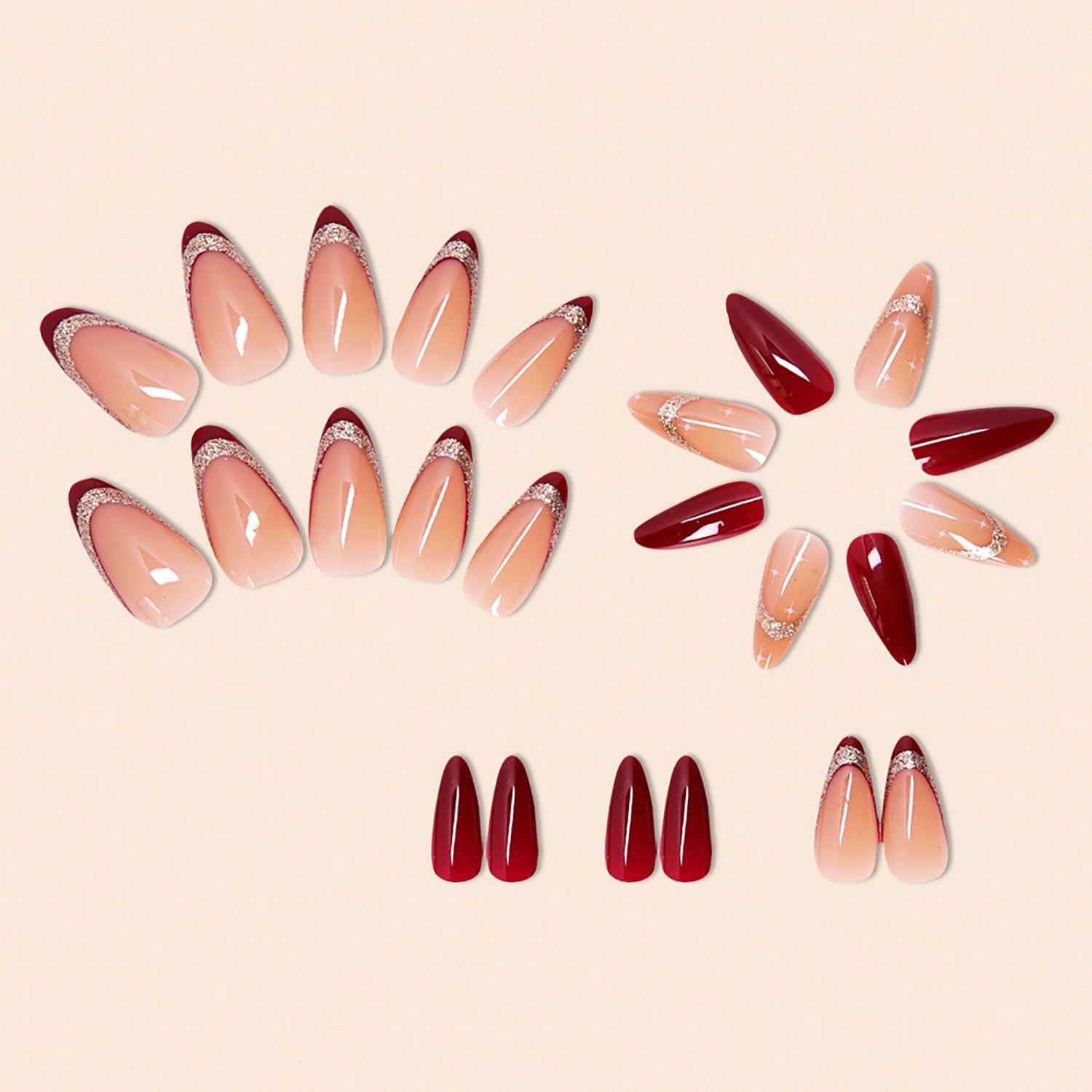Press on Nails Tip Almond Medium Length, Artificial Fake Nails with Gold Sequ…