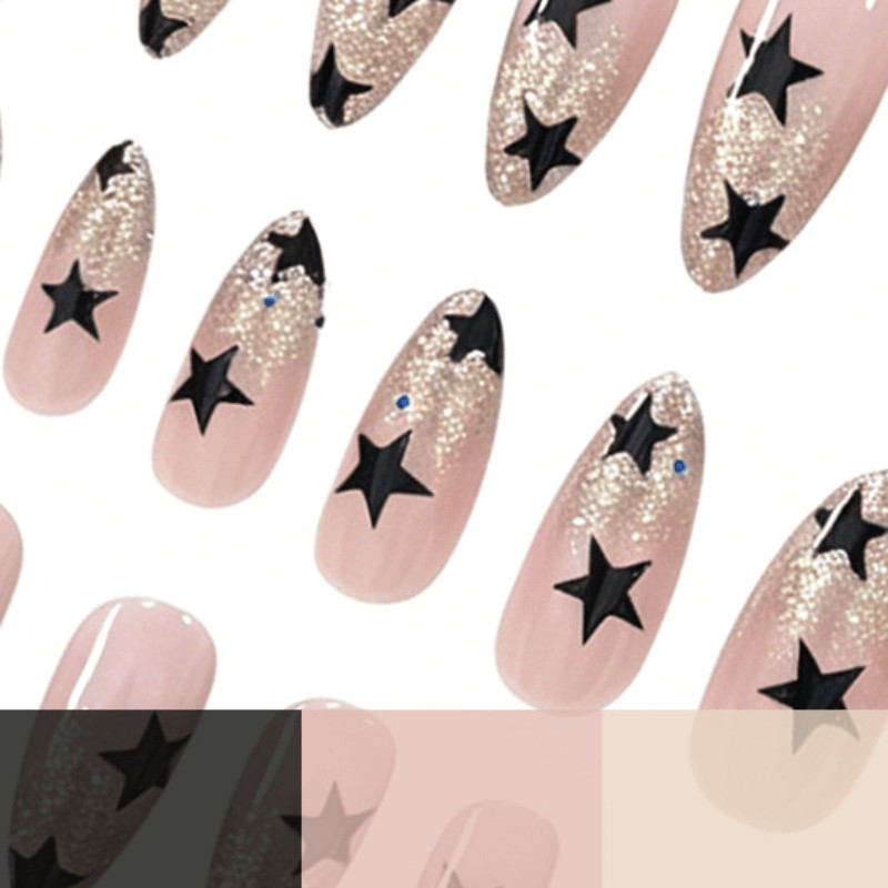 48pcs Almond Press on Nails, Clear Silver Glitter Black Star Daily Trend Nails