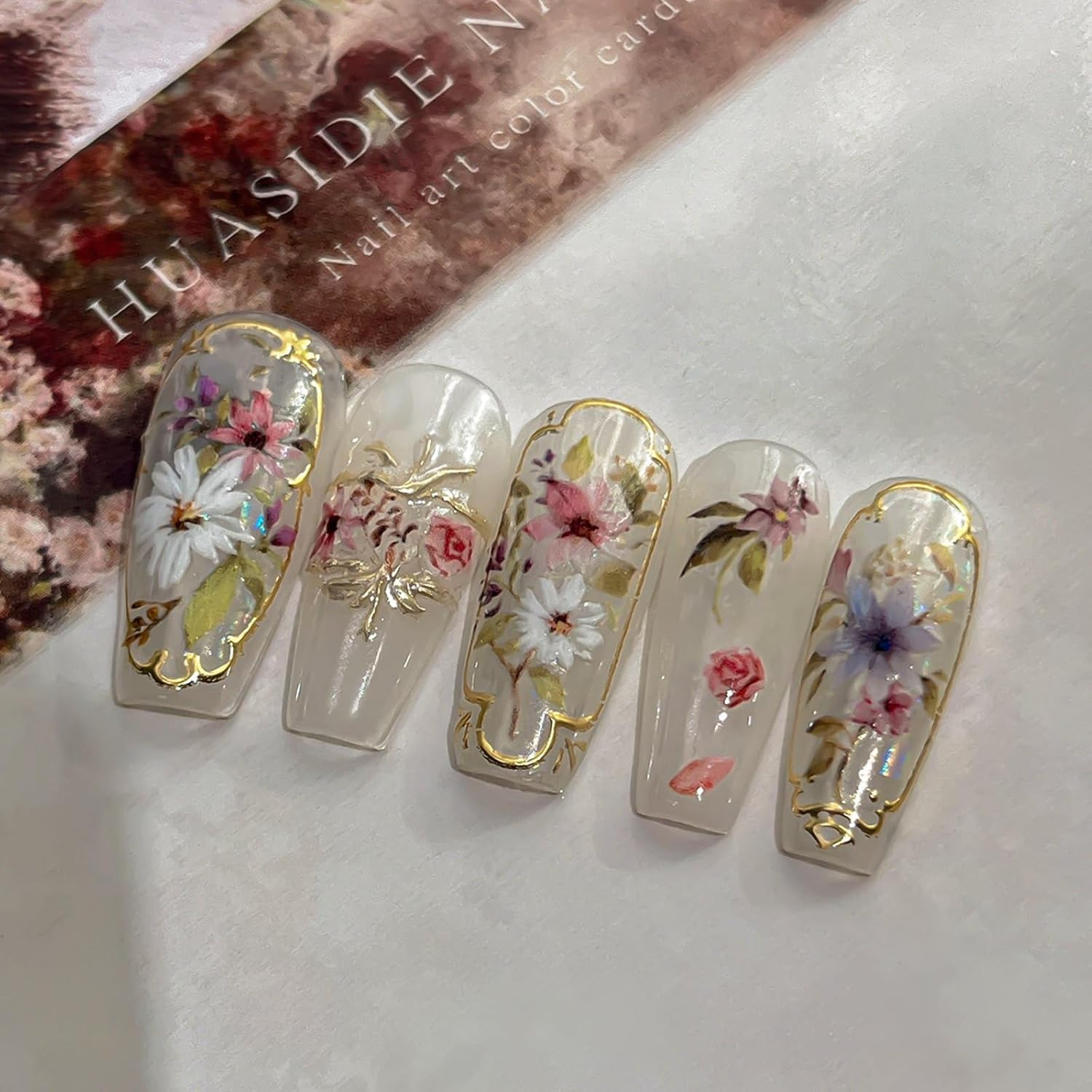 Flower Nail Art Stickers Decals 5D Embossed Golden Edge Flower Nail Stickers
