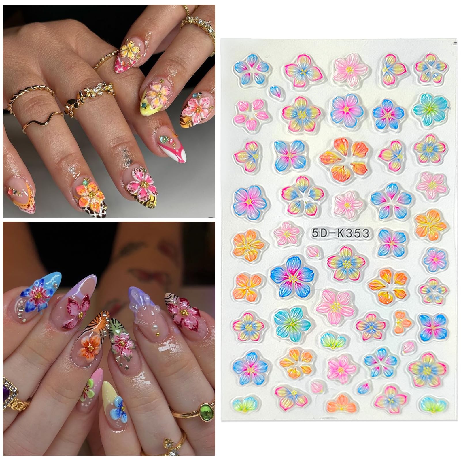 SEMATA Colorful Flower Nail Art Stickers Nail Decals for Women | 5D Embossed …