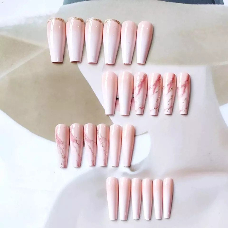 24 White ombre Marble Press on nails kit glue extra long pink nude gold
