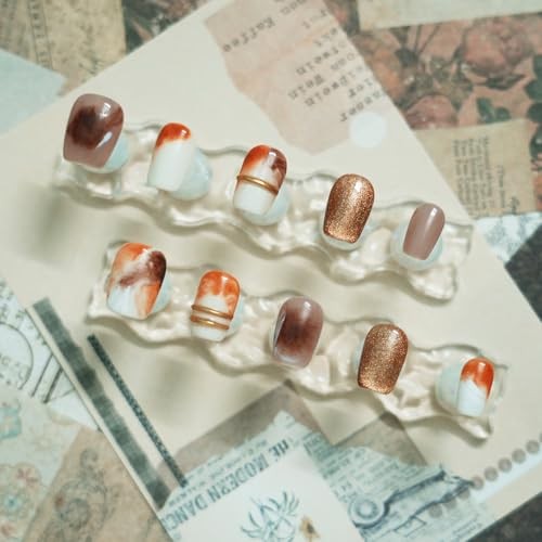 Brown Press on Nails Extra Short Coffin Nails, Handmade 3D M Vintage Gold-Brown