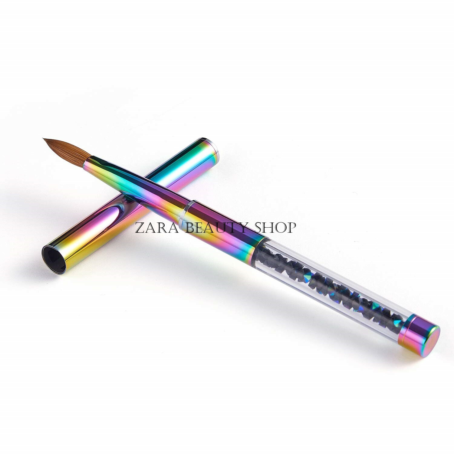 100% Kolinsky Acrylic Nail Brush With Cap Rainbow Crystal Handle 6-14 (CRIMPED)
