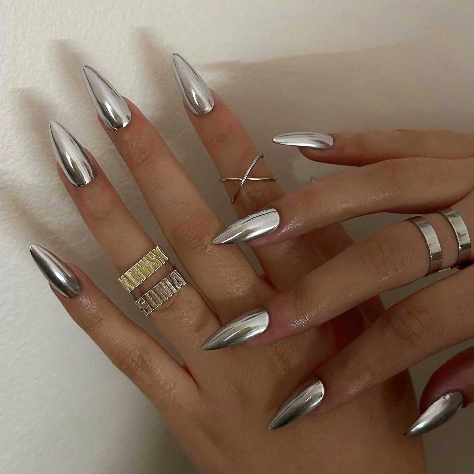 Chrome Press On Nails Almond, Metallic Sliver Mirrored Press On Nails Medium