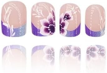 French Tips Press on Nails Purple Flower Fake Nails with Ombre Design Glossy Glu