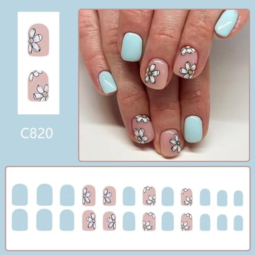 Light Blue Press on Nails Short Square Fake Nails with White Flower Design