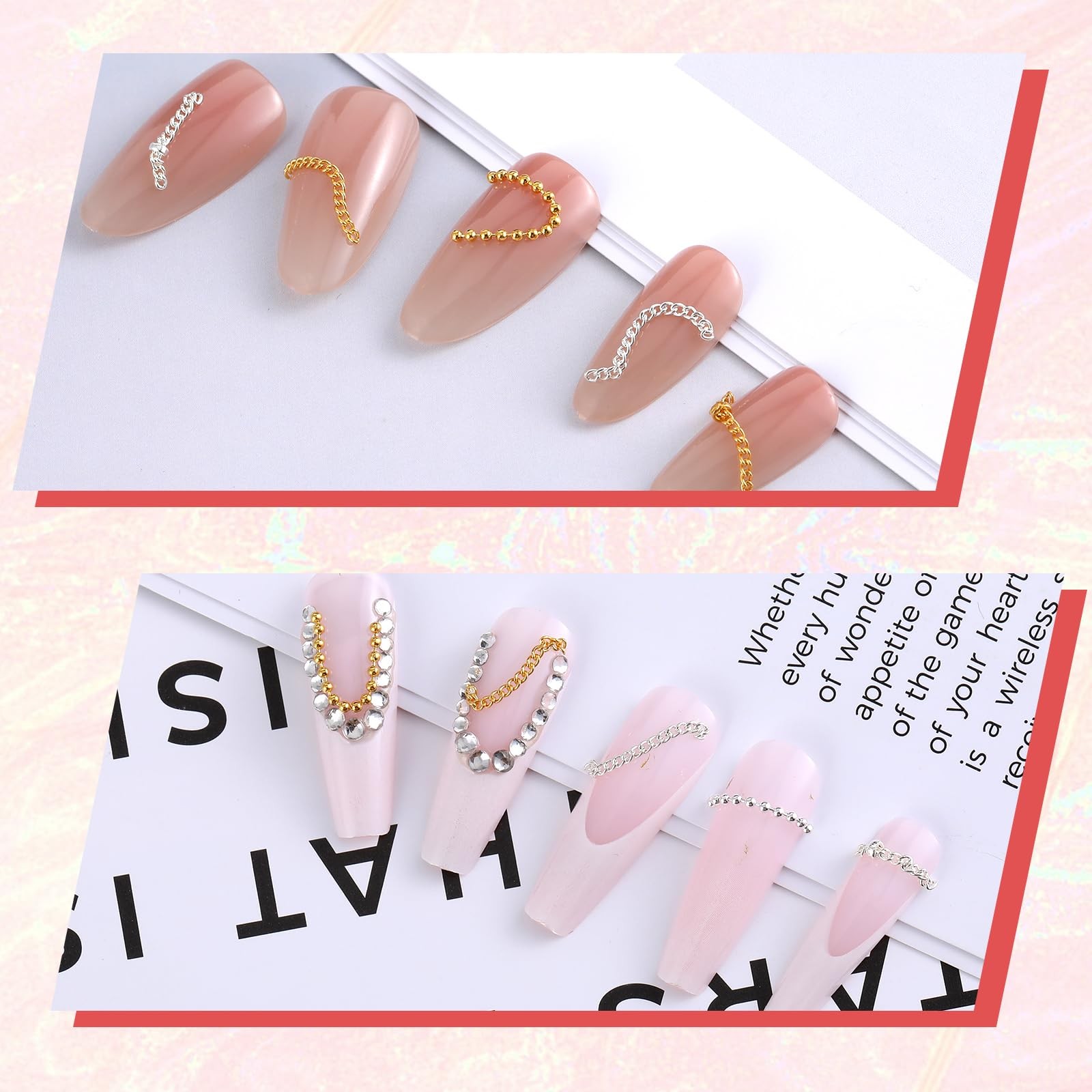 6 Strips 3D Nail Art Chains Nails Chain Charms Metallic Chain Nail Charm Gold…