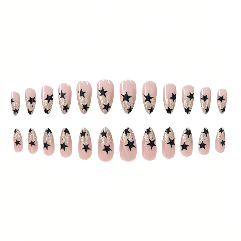 48pcs Almond Press on Nails, Clear Silver Glitter Black Star Daily Trend Nails