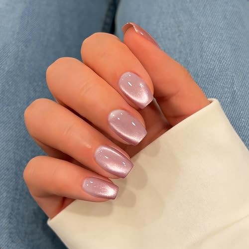 Cat Eye Press On Nails Short, 30 Pcs Glitter Dusty Pink Press On chrome pink
