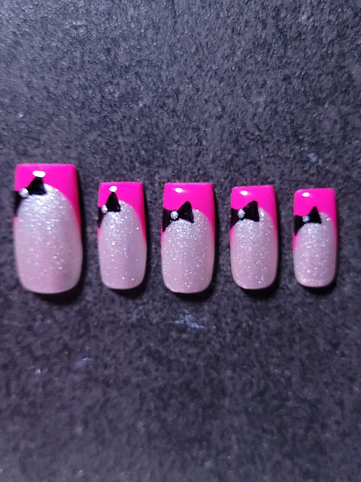 Custom Gel Press on Nails Handmade 10 pc set SMALL Neon Pink Black Bow